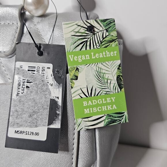 Badgley Mischka Mini Handbag Vegan Leather Silver and Pearls - Picture 3 of 5